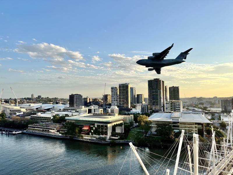 C 17 Globemaster flying low over Brisbane for Riverfire 2021. Brisbane, Queensland, Australia. 25 September 2021