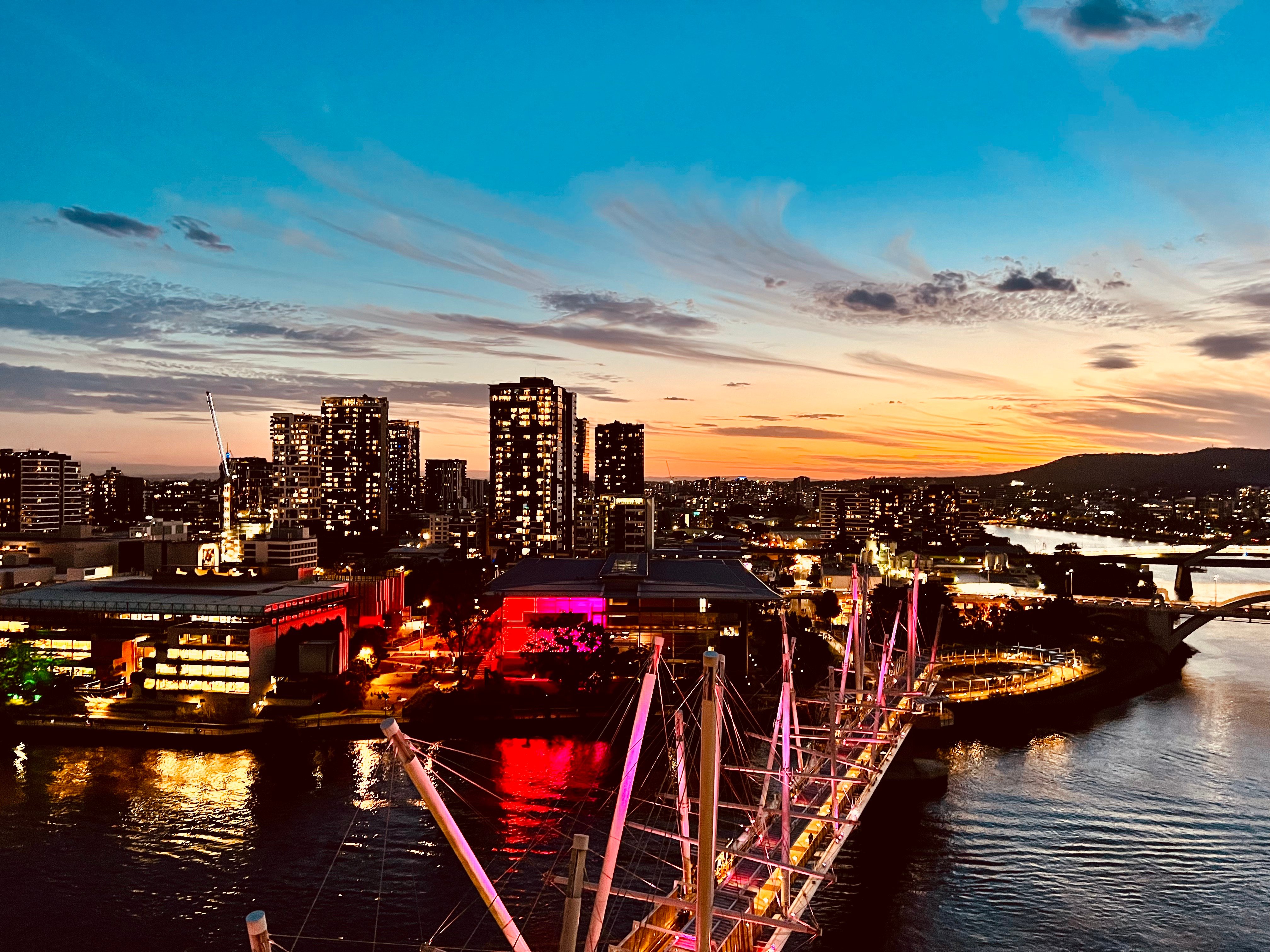 Sunset over Brisbane before Riverfire 2021. Brisbane, Queensland, Australia. 25 September 2021