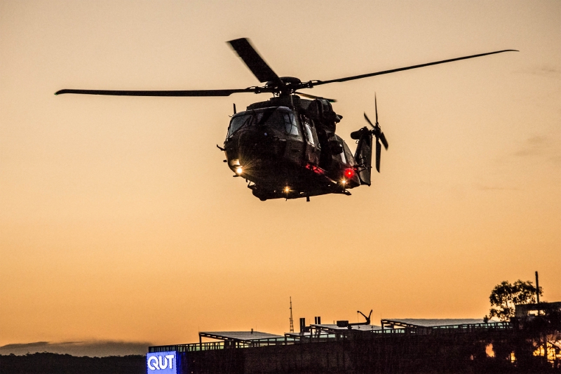 Army Helicopters Flying In The Sky Above Brisbane, Queensland, Australia