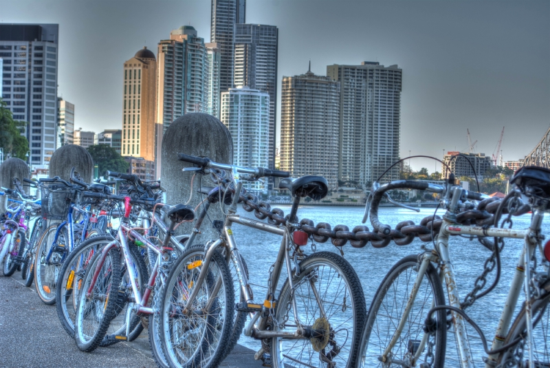 Bikes locked up by the Brisbane River