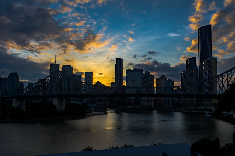 Magic Australia Day sunset over the Story Bridge and Brisbane City