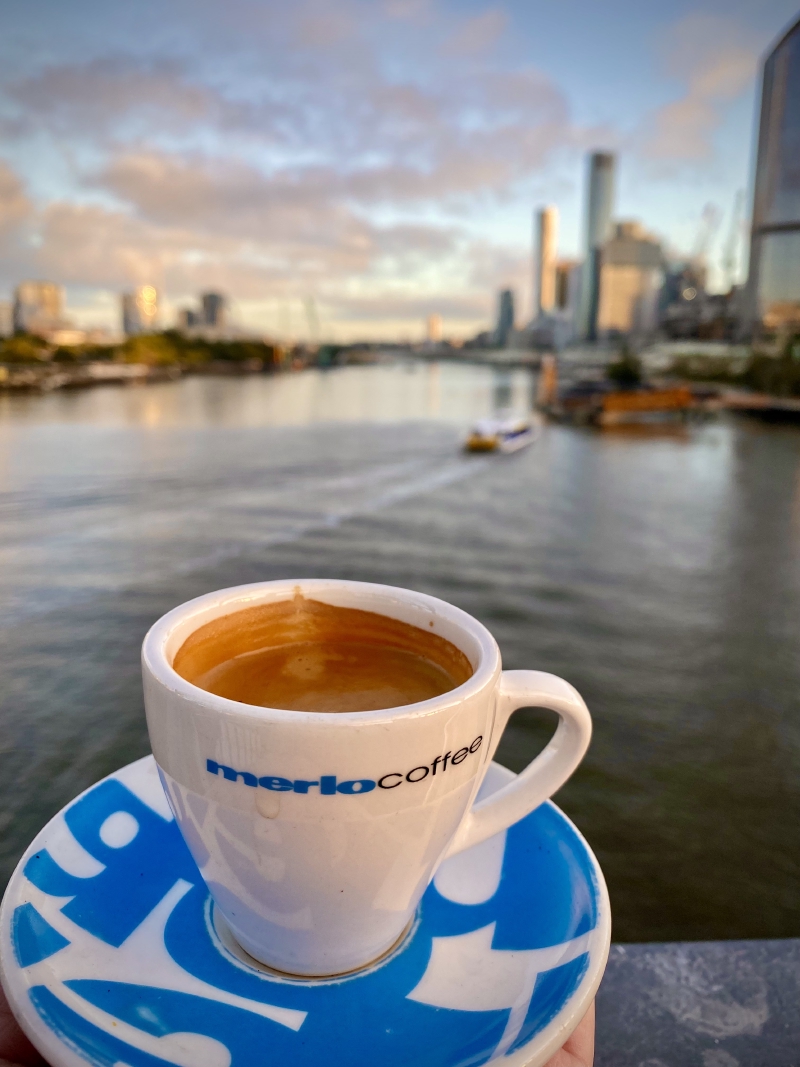 Early morning coffee on the Goodwill Bridge, over the Bisbane River. Brisbane, Queensland, Australia. 12 August 2021
