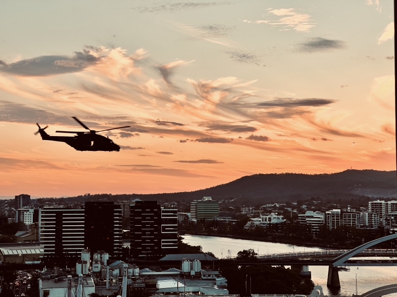 Army helicopter flies low over Brisbane as part of Riverfire 2021. Brisbane, Queensland, Australia. 25 September 2021